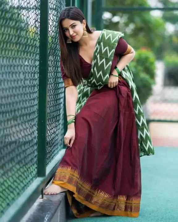 Indian Actress Pujita Ponnada in Traditional Maroon Lehenga Choli